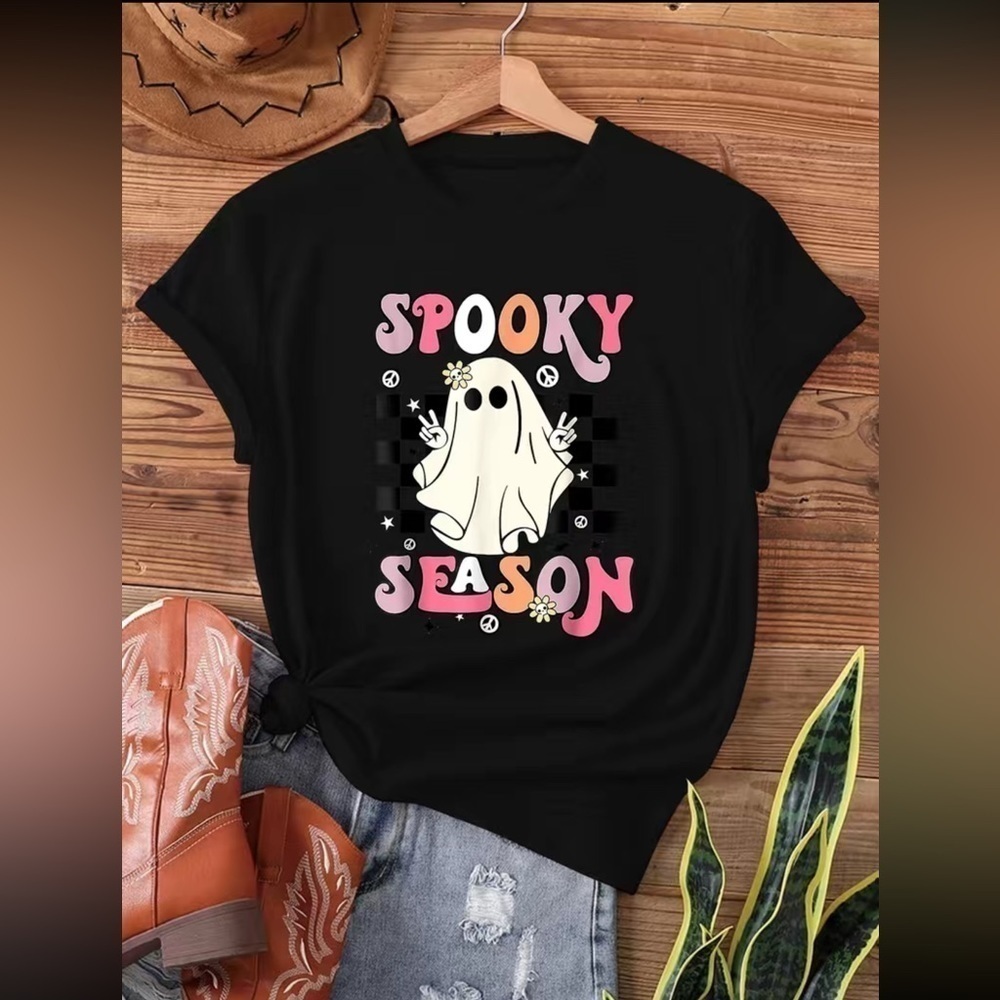 Halloween Black Spooky Season ghost Graphic Tee shirt New